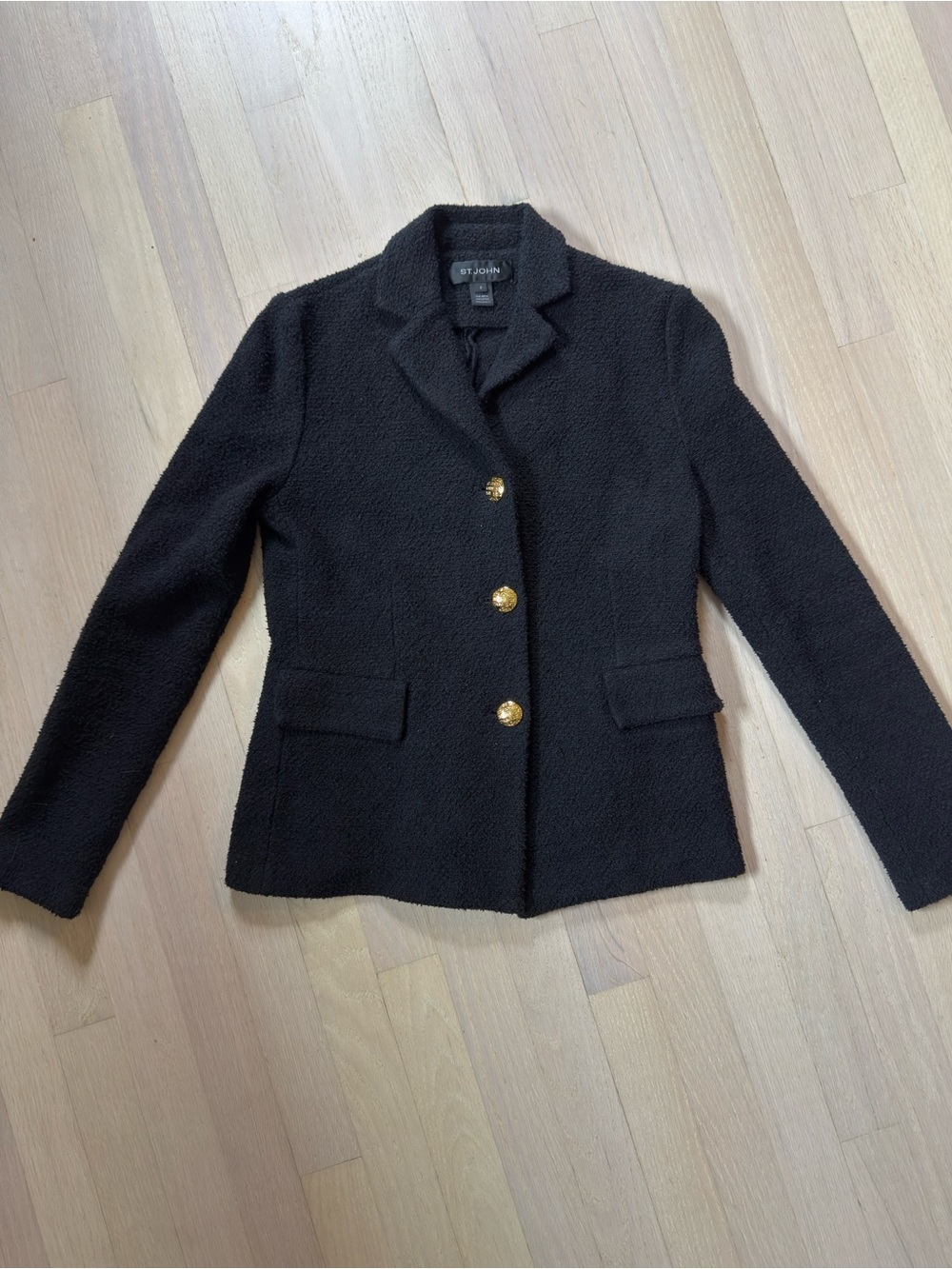 St John Bouclé Knit Jacket (2) Black w/ Gold Buttons